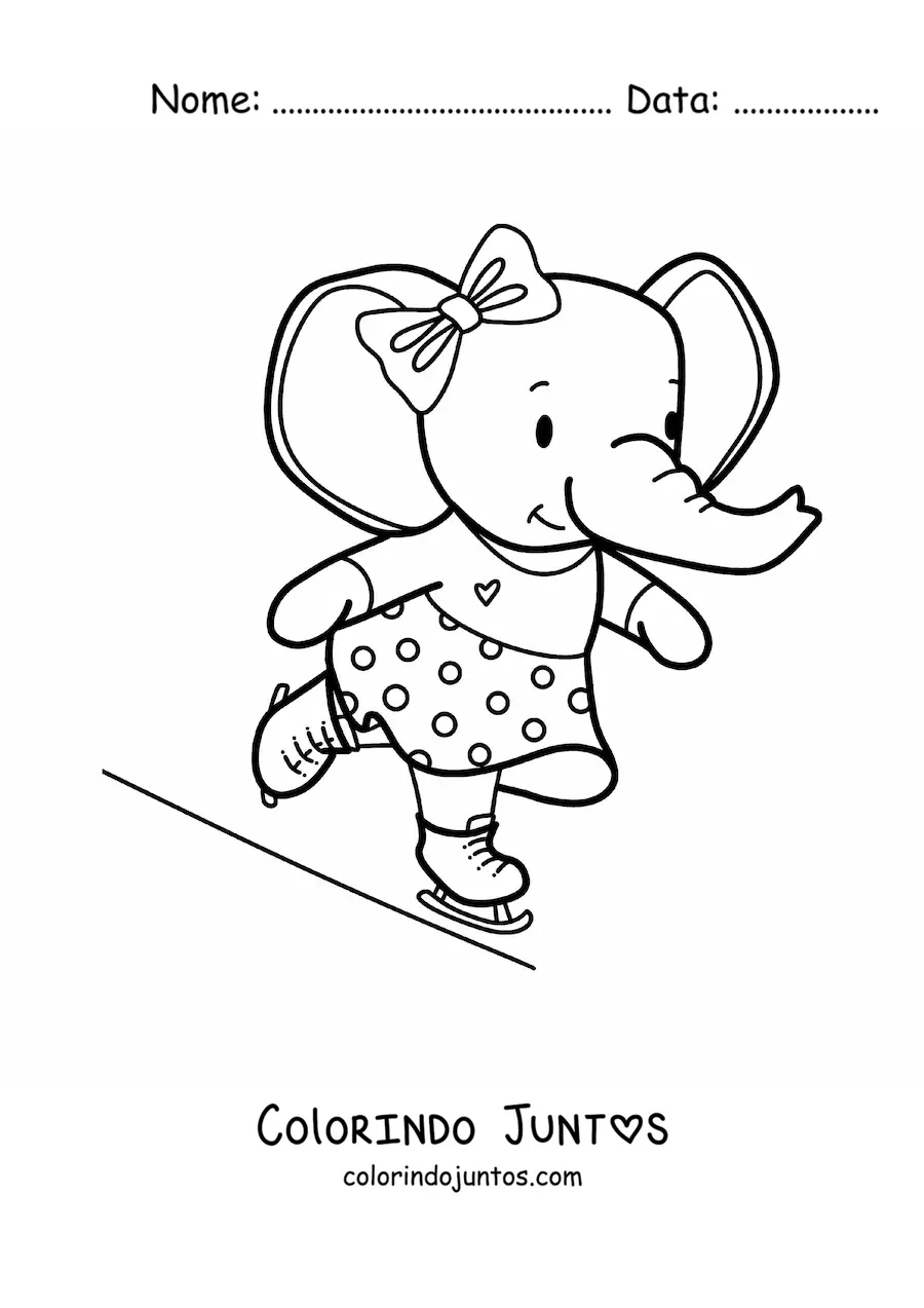 Desenho para colorir de elefante kawaii animado patinando no gelo