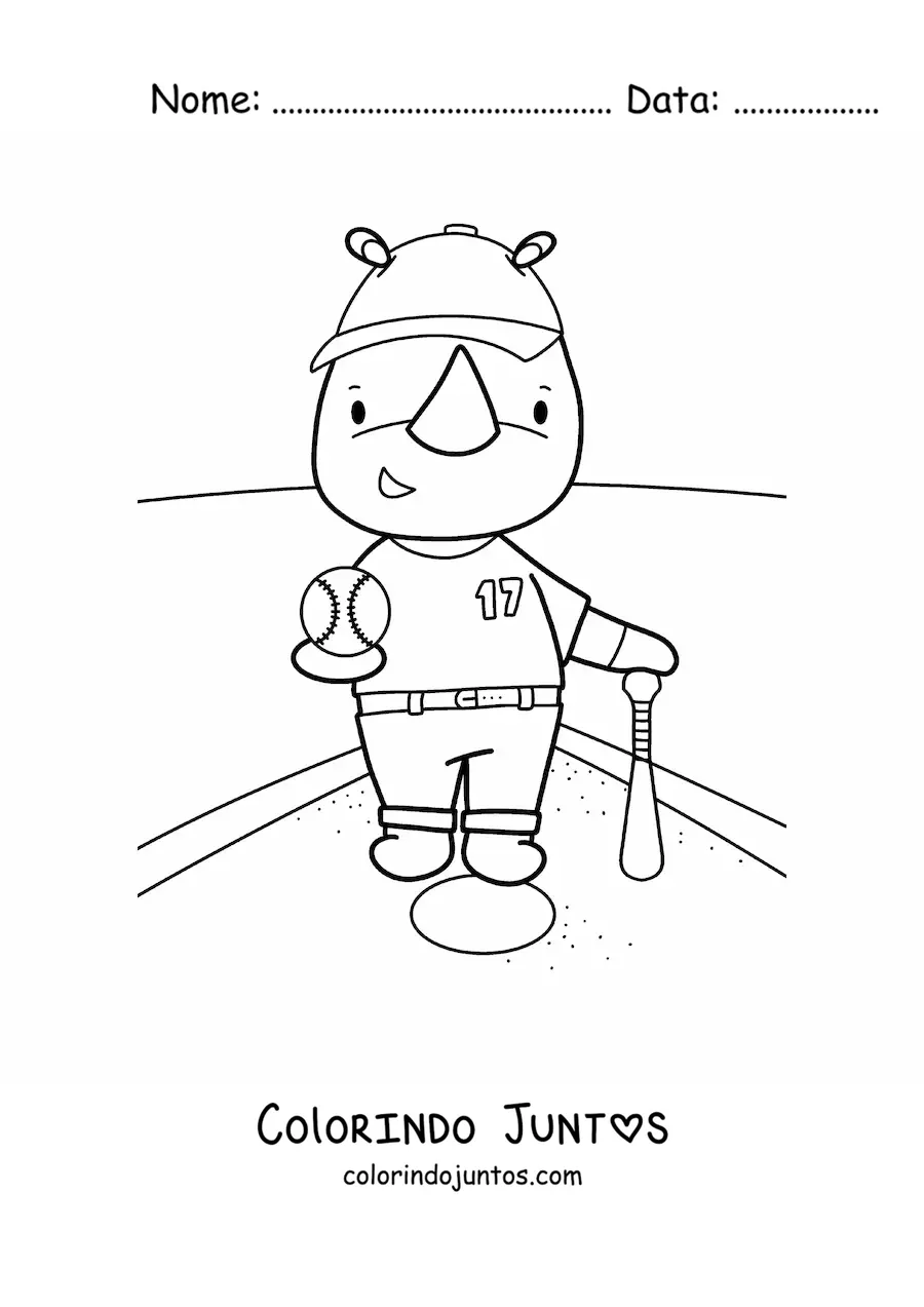 Desenho para colorir de rinoceronte kawaii animado jogando beisebol