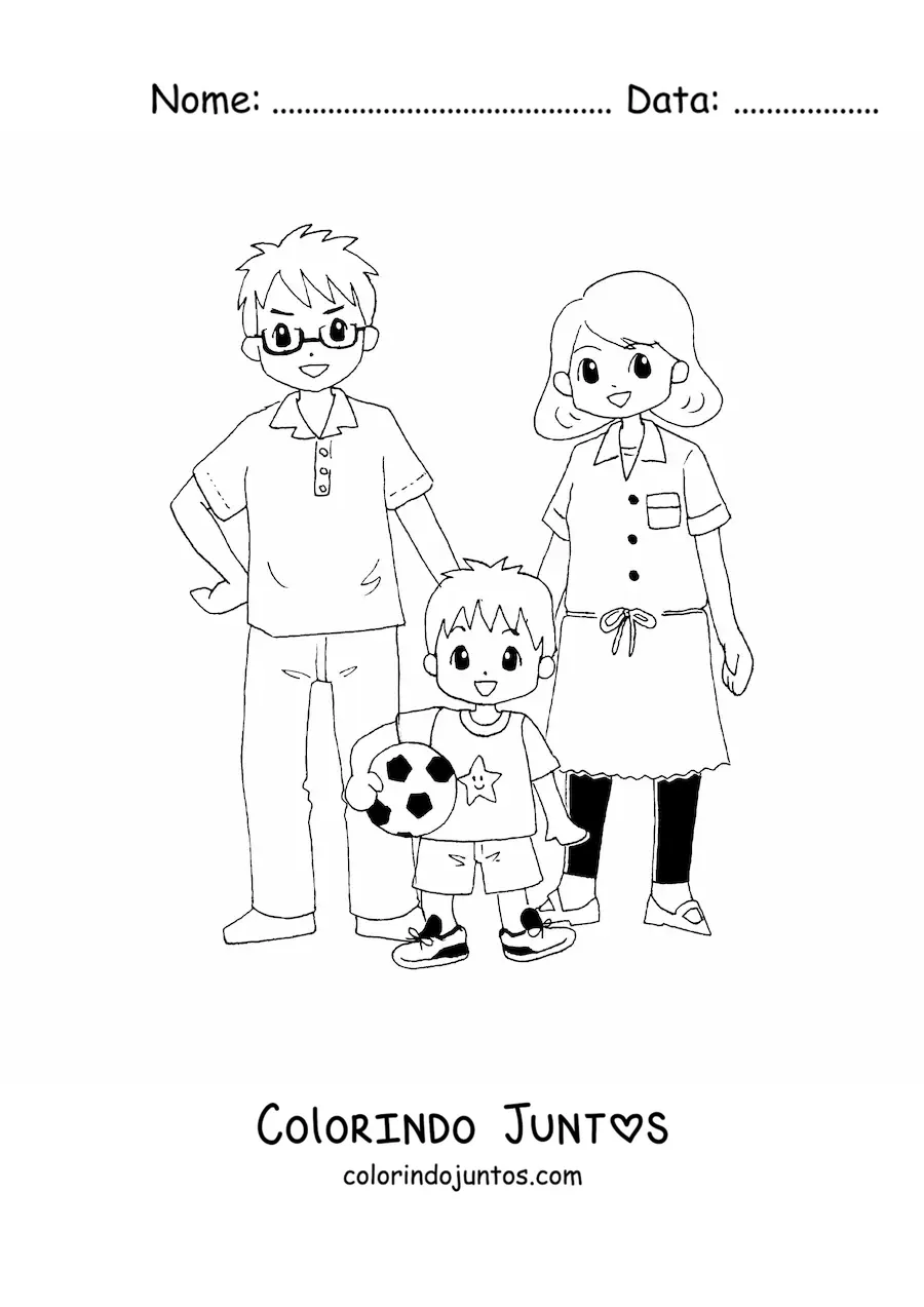 Desenho para colorir de menino jogador de futebol com seus pais