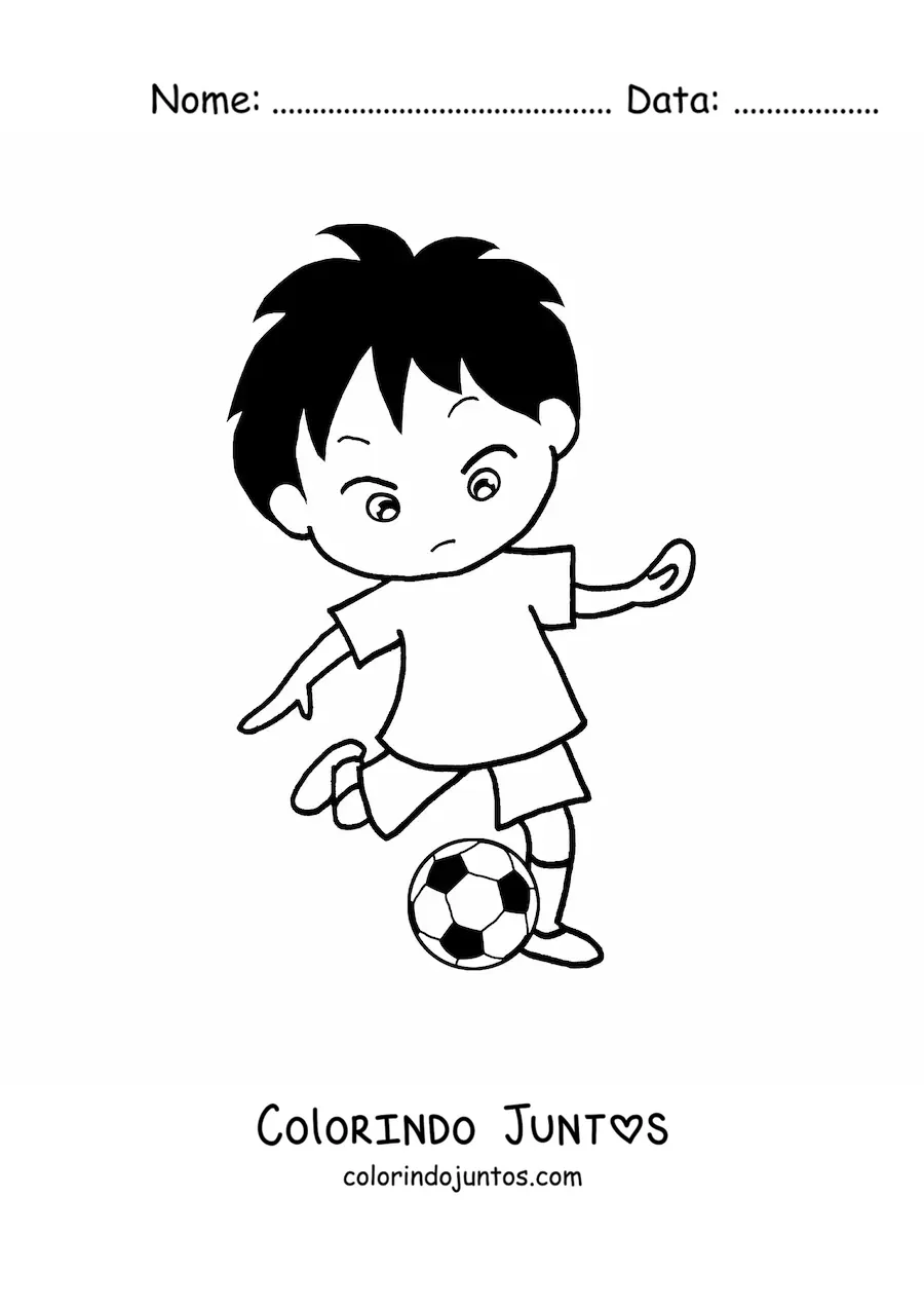 Desenho para colorir de menino chutando a bola de futebol