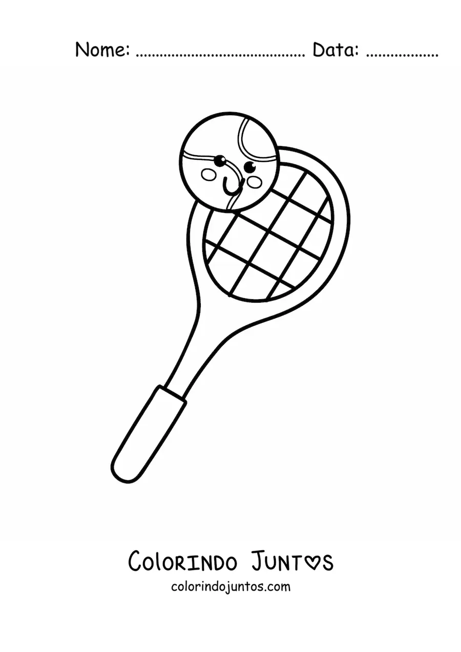 Desenho para colorir de raquete e bola de tênis kawaii