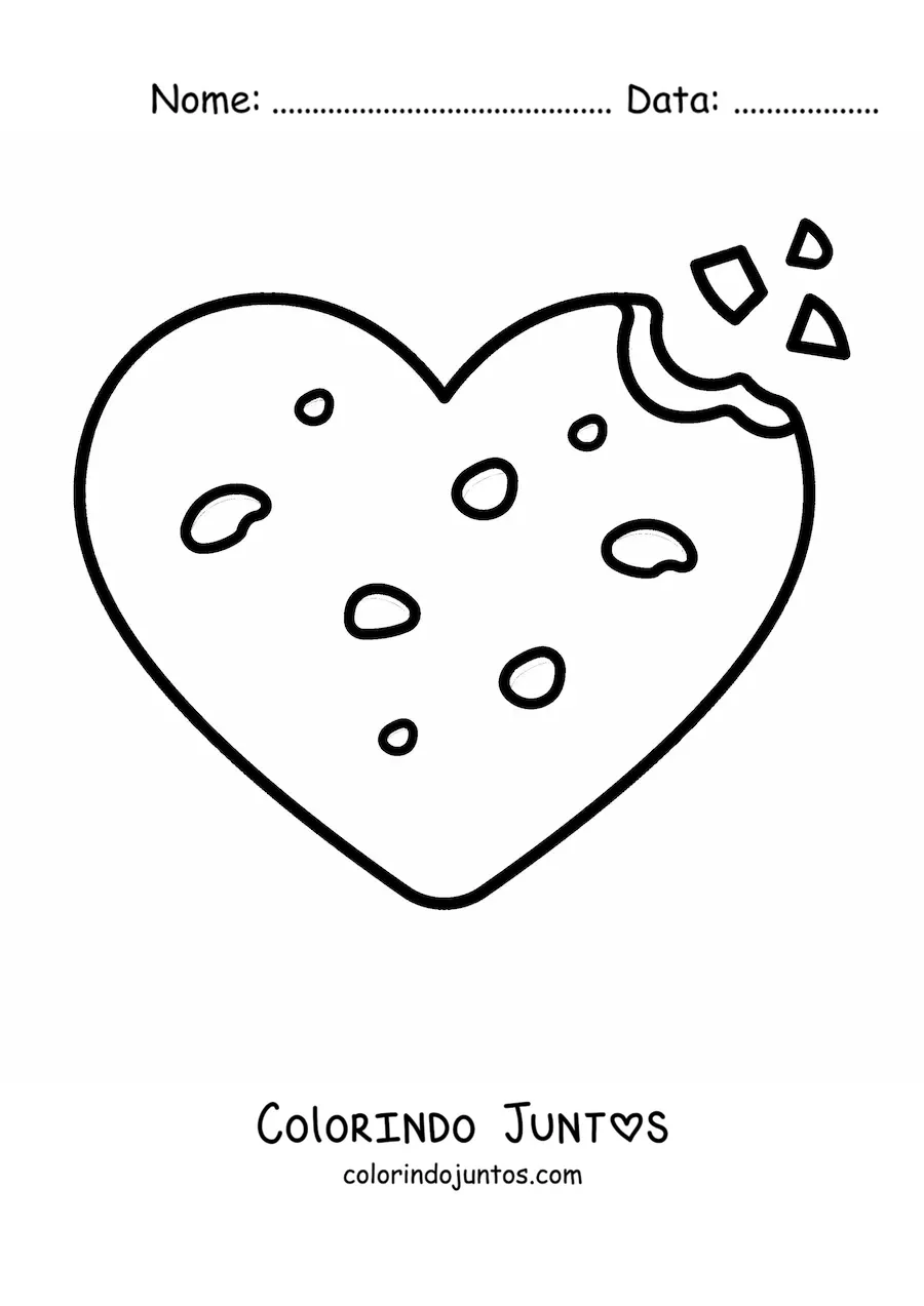 Desenho para colorir de um biscoito de gotas de chocolate em formato de coração mordido