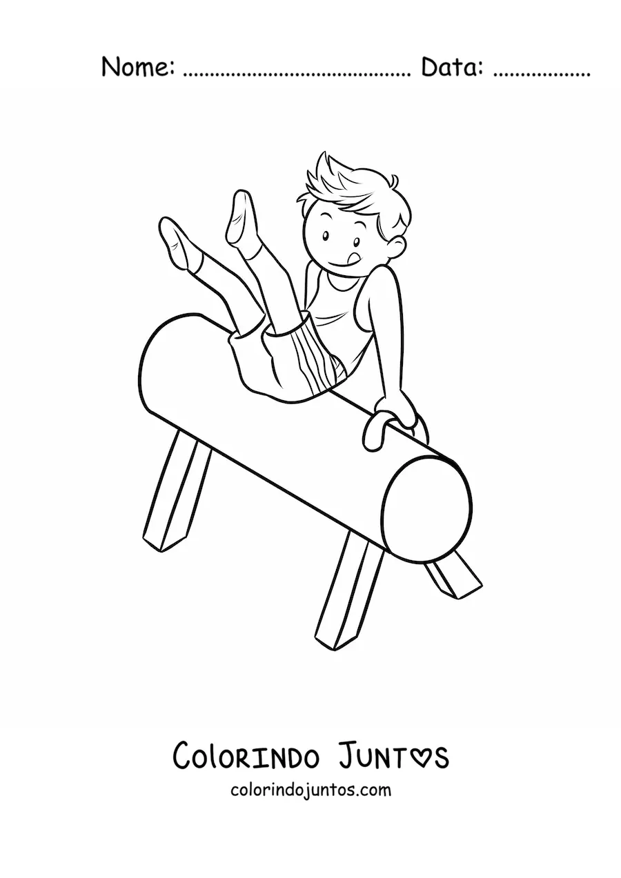 Desenho para colorir de menino ginasta no cavalo com alças