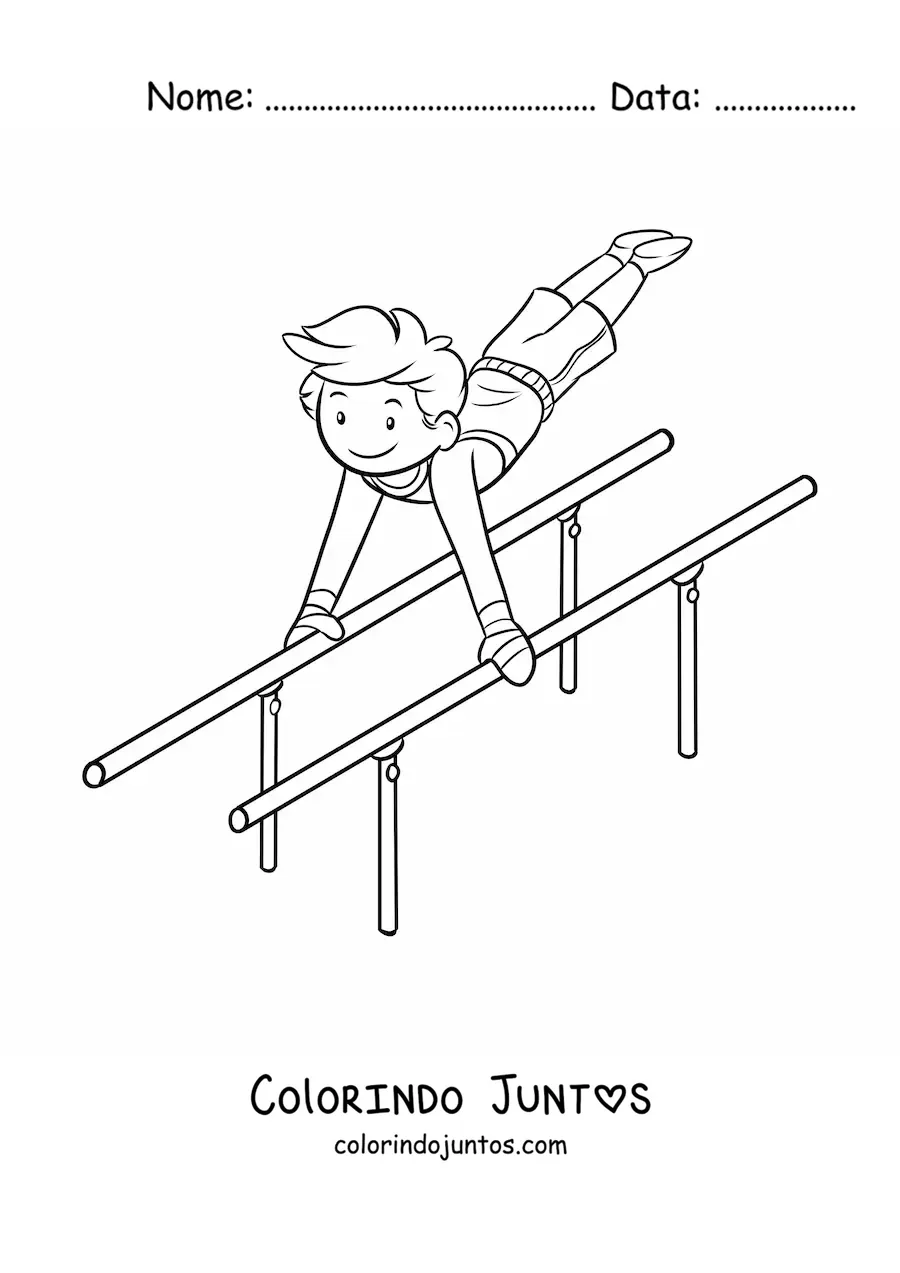 Desenho para colorir de menino ginasta nas barras paralelas
