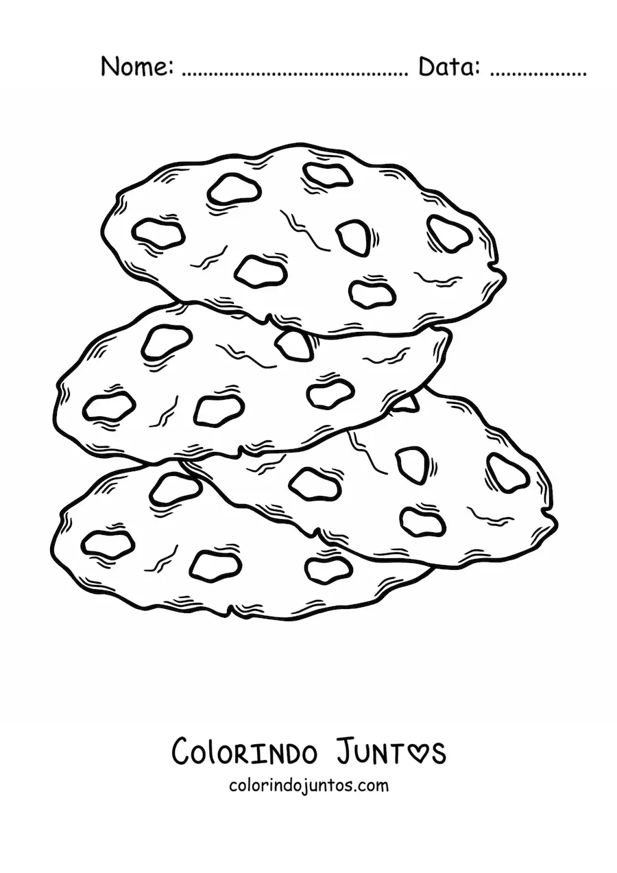 Desenho para colorir de quatro biscoitos com gotas de chocolate, um em cima do outro