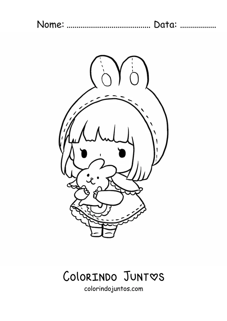 Desenho para colorir de boneca kawaii com vestido de coelho