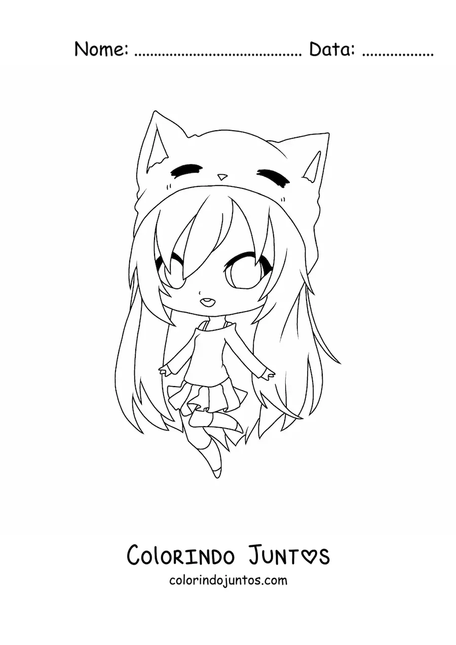 Desenho para colorir de menina kawaii anime com orelhas de gato