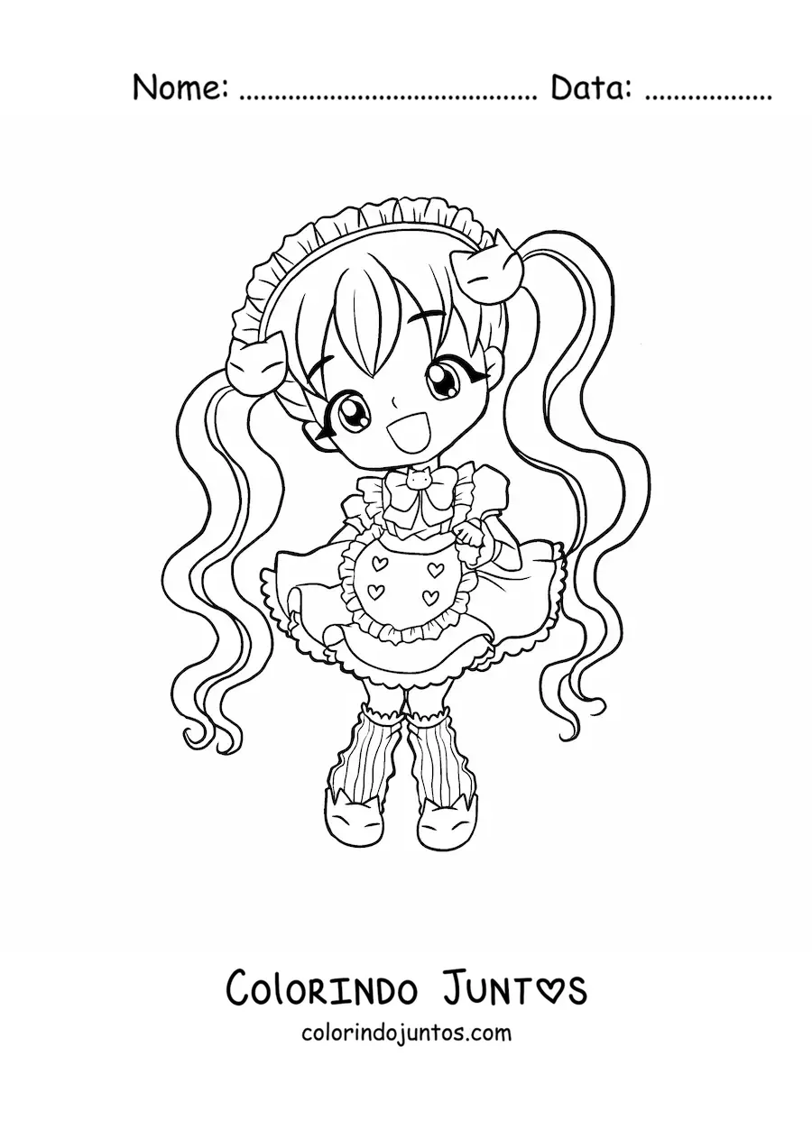 Desenho para colorir de garota fashion chibi com vestido de gatinhos kawaii