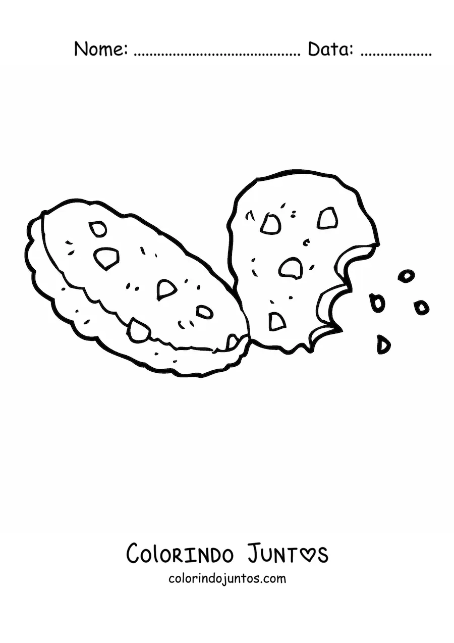 Desenho para colorir de dois biscoitos com gotas de chocolate e um mordido