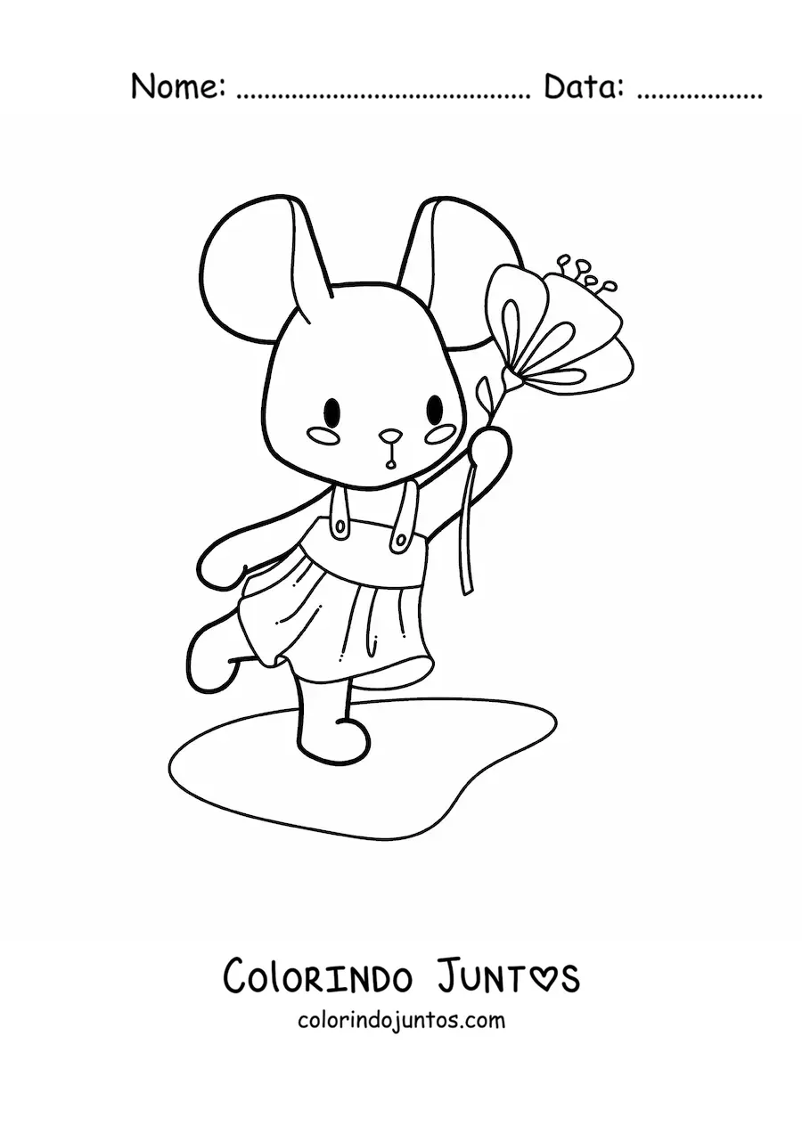Desenho para colorir de ratinha kawaii animada com vestido e uma flor