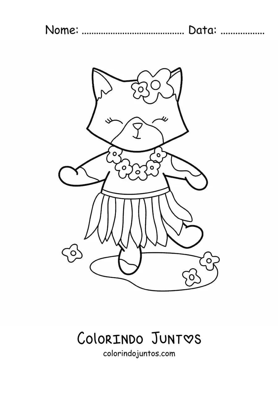 Desenho para colorir de gatinha kawaii animada com saia havaiana e flores