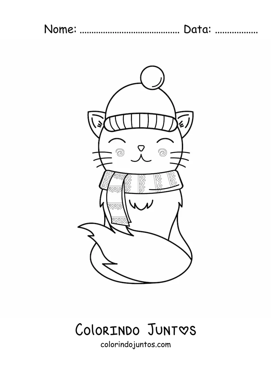 Desenho para colorir de gato kawaii animado com moda de inverno