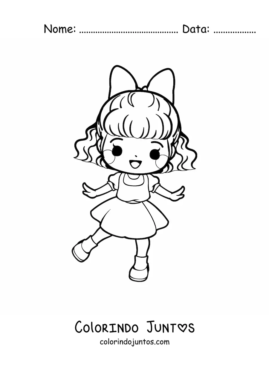 Desenho para colorir de menina kawaii animada com laço e vestido elegante