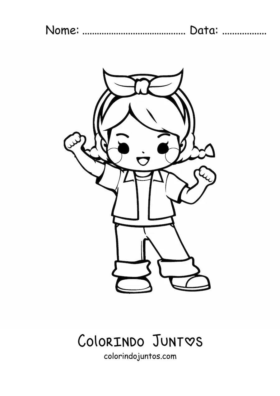 Desenho para colorir de menina kawaii animada com laço e roupa casual