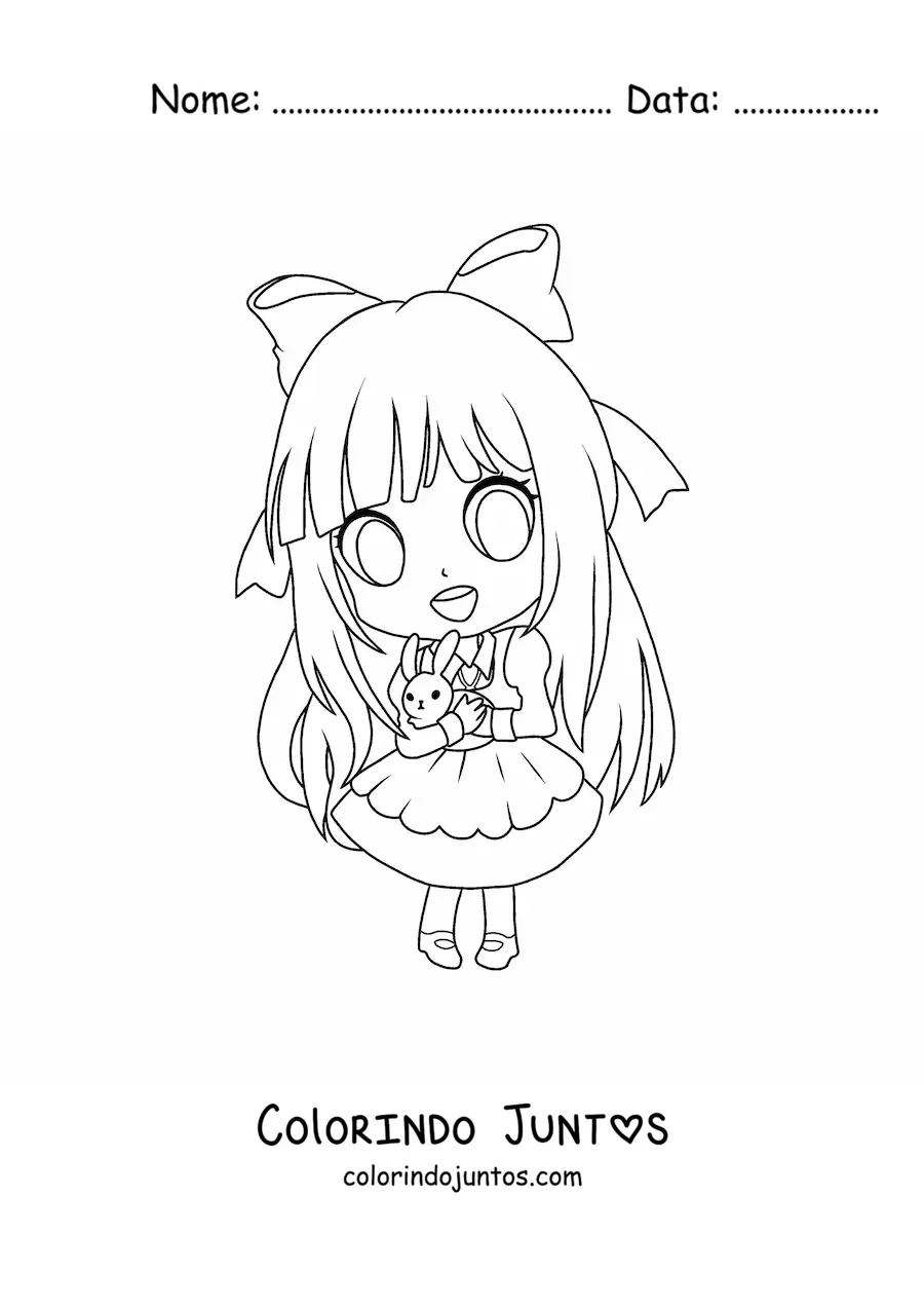 Desenho para colorir de garota kawaii chibi com lindo vestido e um coelho