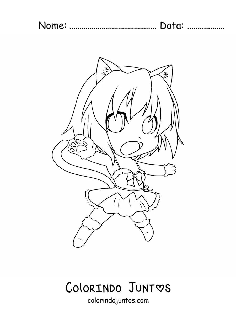 Desenho para colorir de garota kawaii chibi com fantasia de gato
