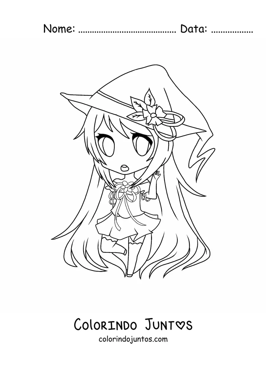 Desenho para colorir de garota fashion kawaii chibi com fantasia de bruxa