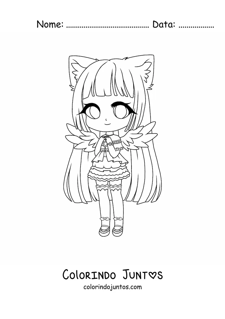 Desenho para colorir de garota fashion kawaii chibi com fantasia de gato e anjo