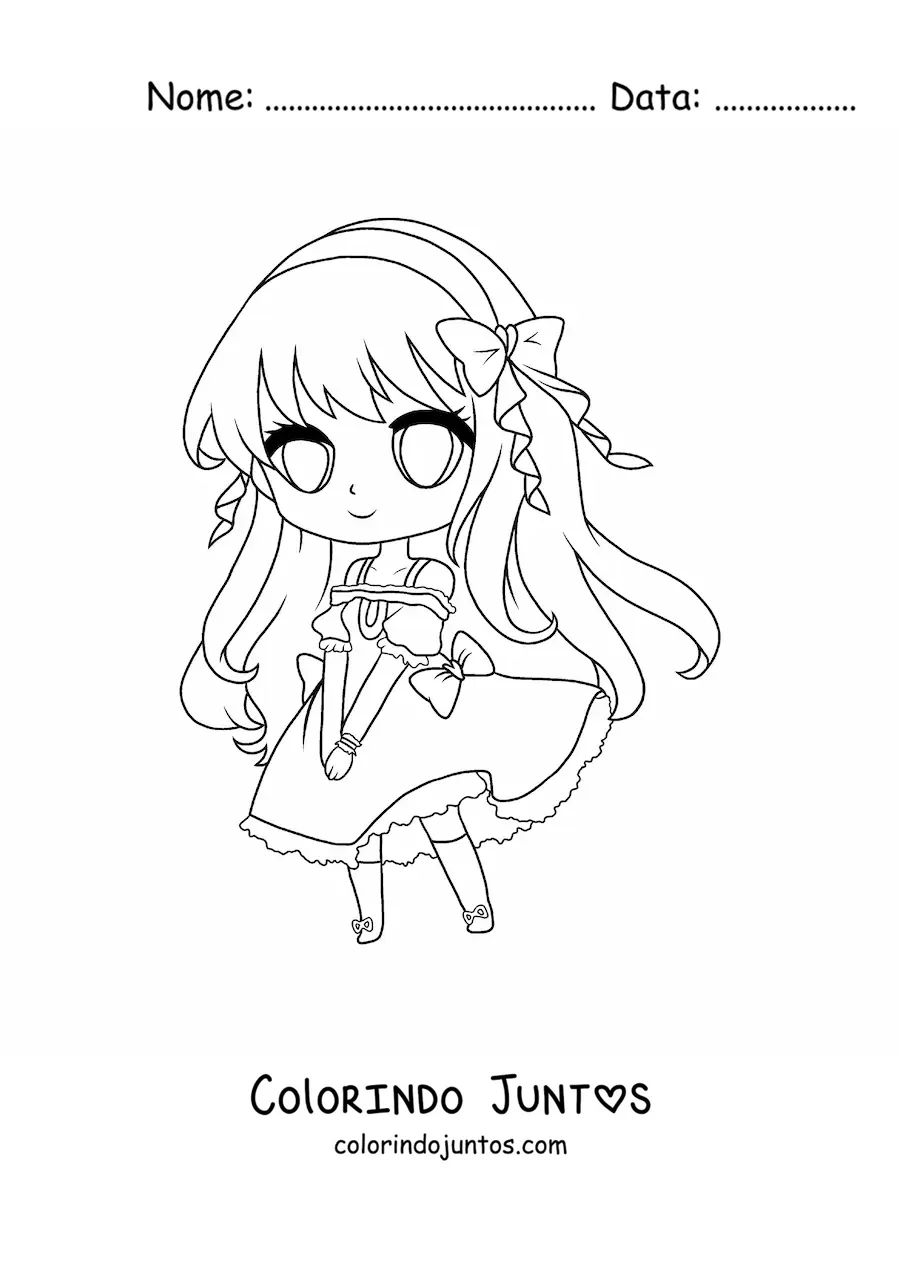 Desenho para colorir de garota fashion kawaii chibi com lindo vestido longo