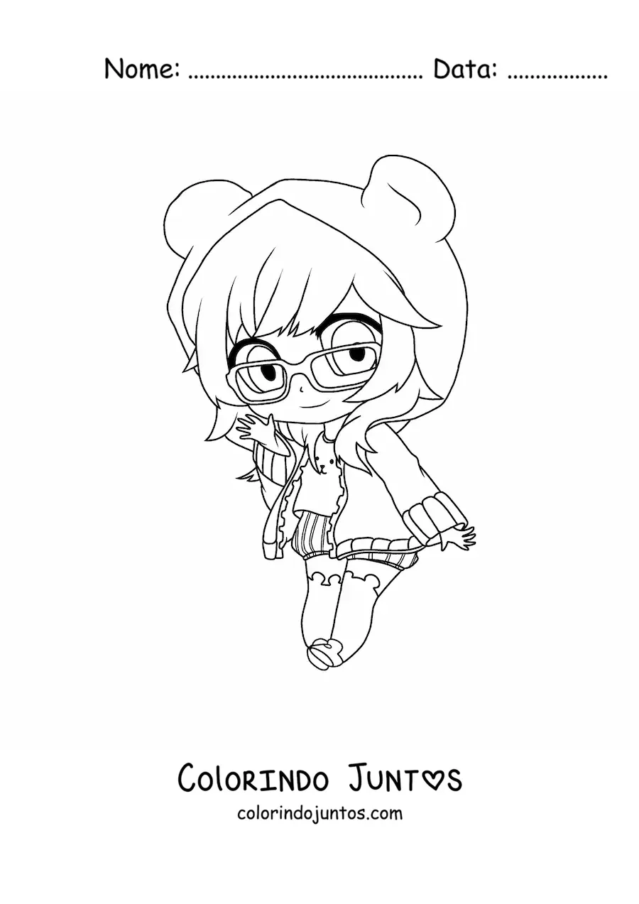 Desenho para colorir de garota nerd fashion kawaii chibi com óculos e moletom