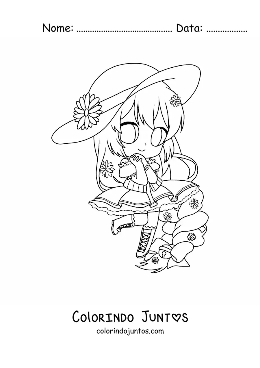 Desenho para colorir de garota fashion kawaii chibi com chapéu e vestido aesthetic