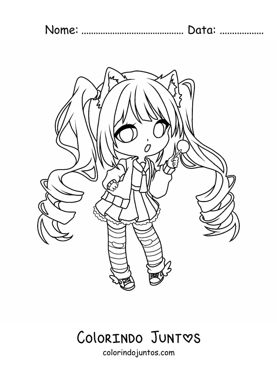 Desenho para colorir de garota fashion kawaii chibi com uniforme moderno e orelhas de gato