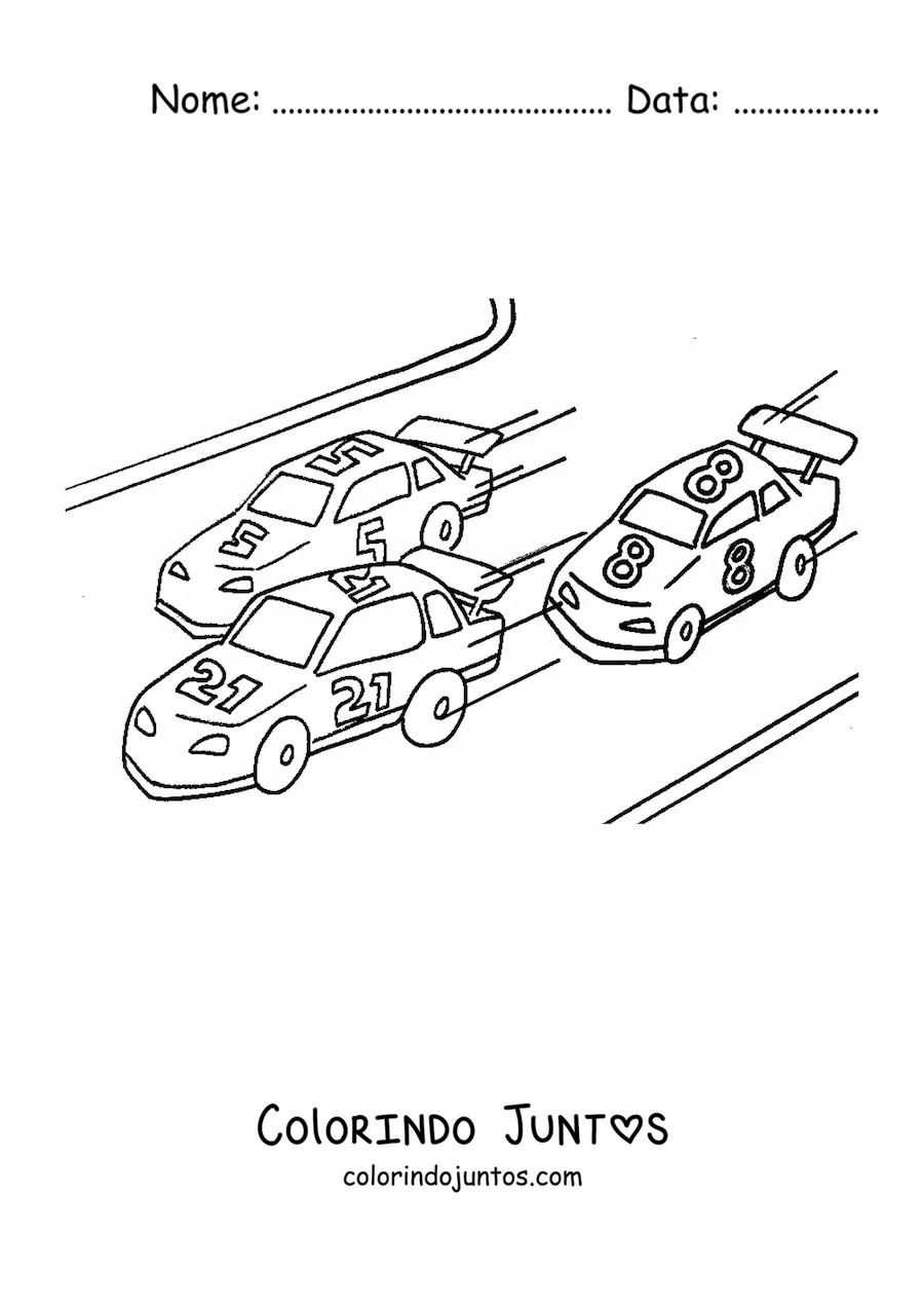Desenho para colorir de uma corrida de carros que dizem '21', '5' e '8'