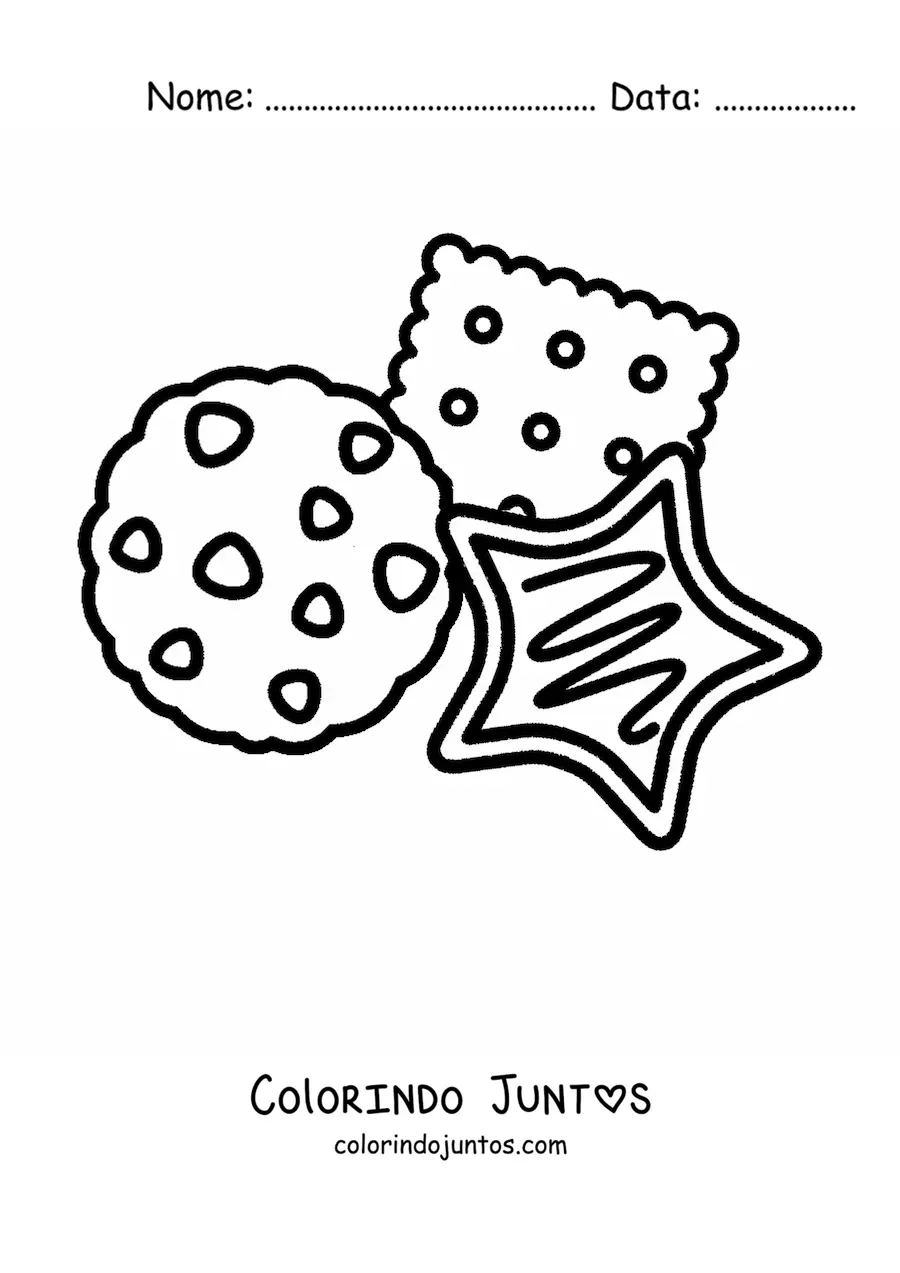 Desenho para colorir de biscoitos em formato de estrela, com gotas de chocolate e um quadrado