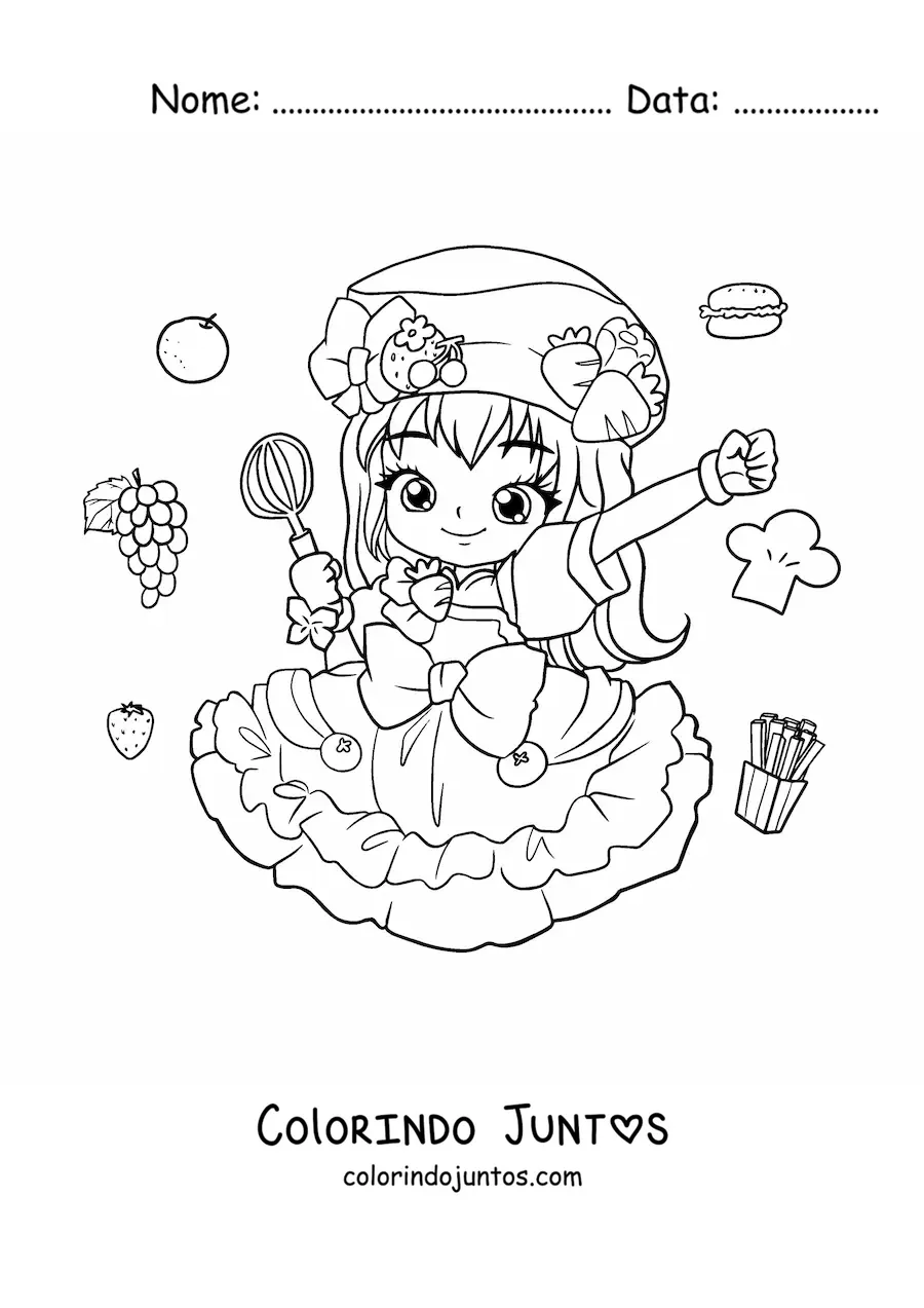 Desenho para colorir de garota fashion kawaii chibi confeiteira com traje de doces