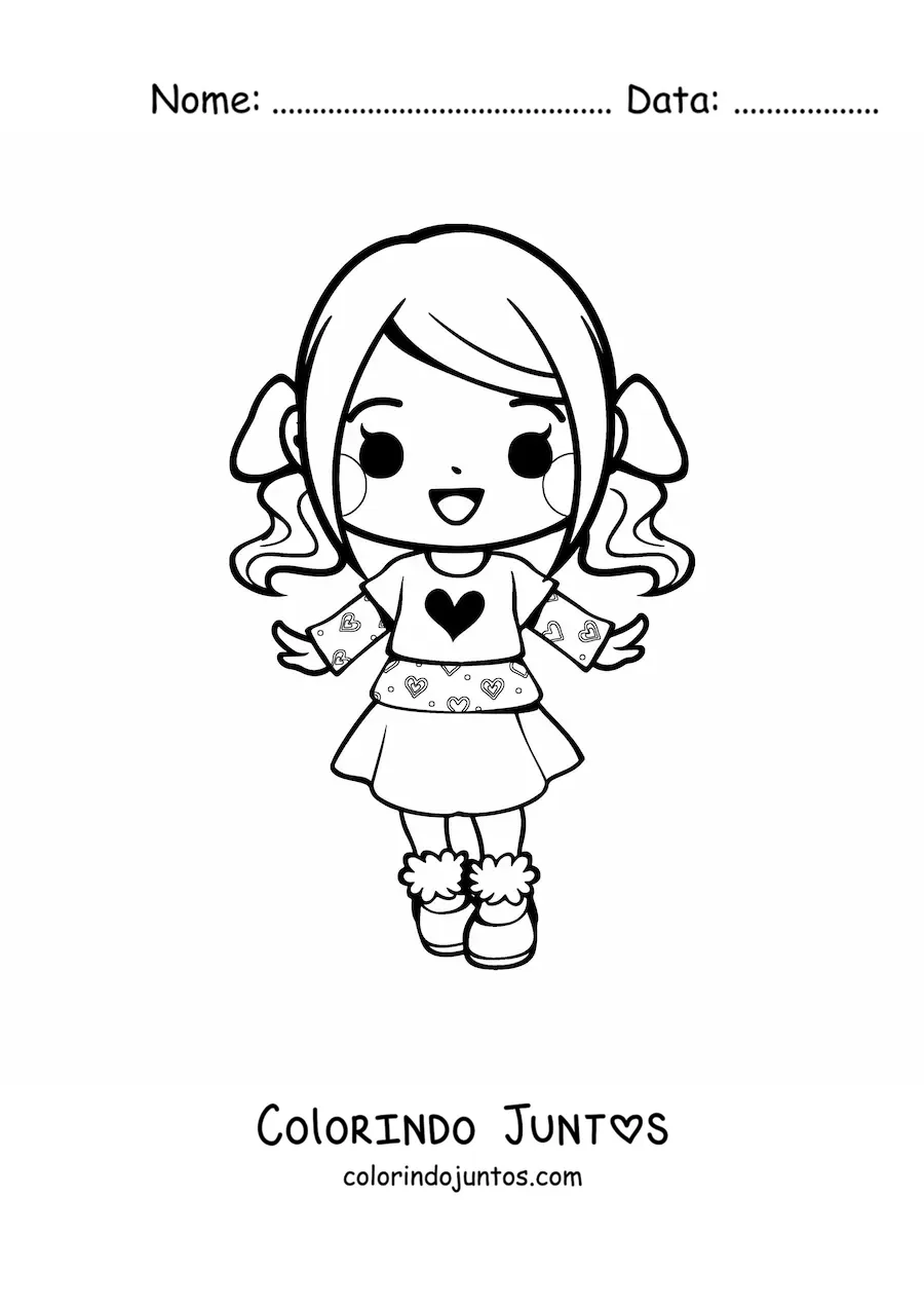 Desenho para colorir de menina kawaii animada com saia e maria-chiquinha