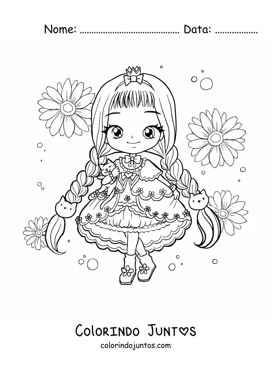 Desenho para colorir de garota fashion chibi com vestido de gatinhos kawaii e flores