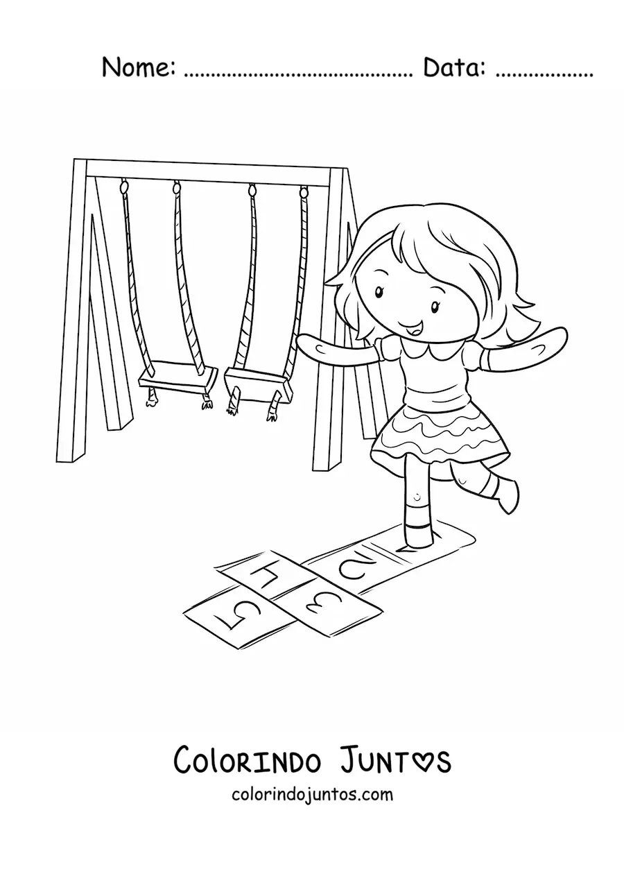 Desenho para colorir de menina kawaii brincando de amarelinha no parque