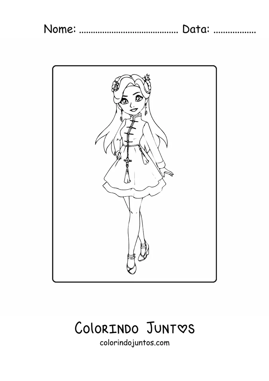 Desenho para colorir de garota animada com vestido de moda casual