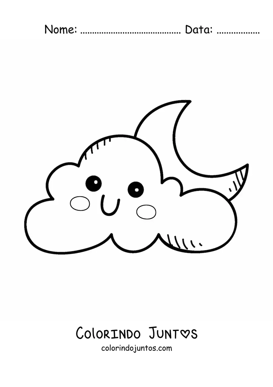 Desenho para colorir de nuvem kawaii animada e a Lua