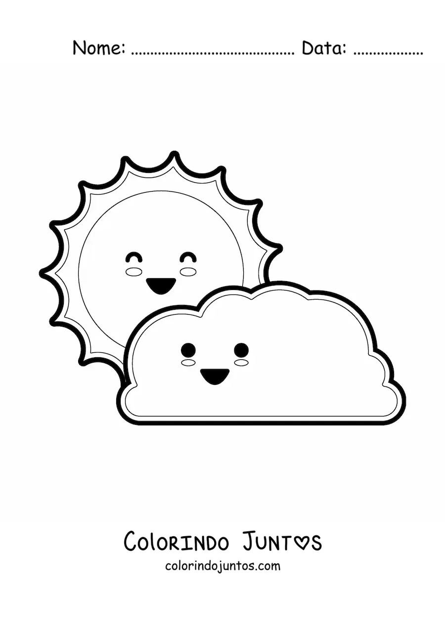 Desenho para colorir de nuvem kawaii animada e o Sol