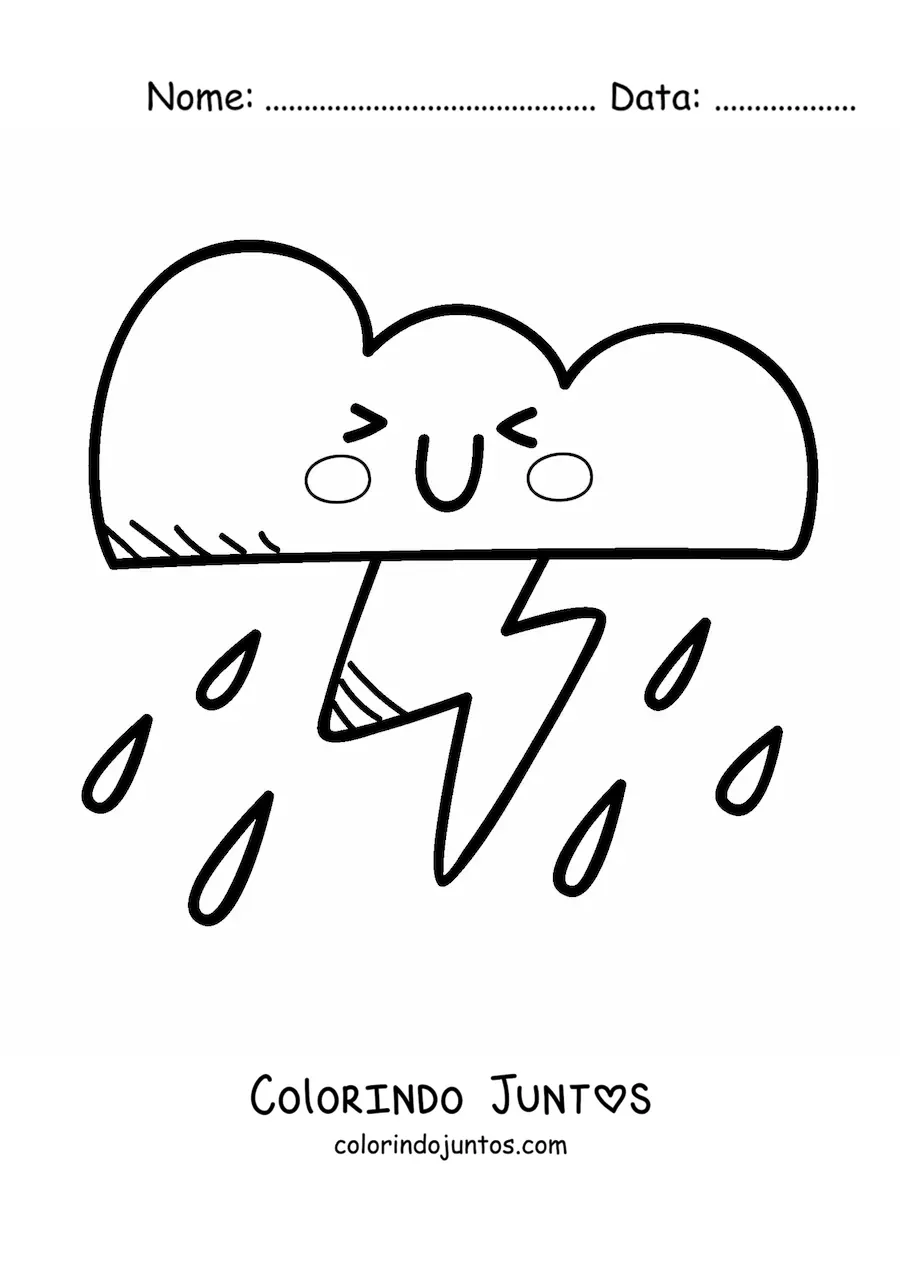 Desenho para colorir de nuvem de tempestade com raio kawaii animada