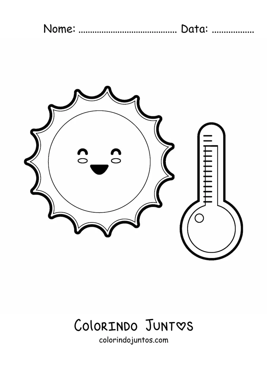 Desenho para colorir de Sol kawaii animado em um dia quente com termômetro
