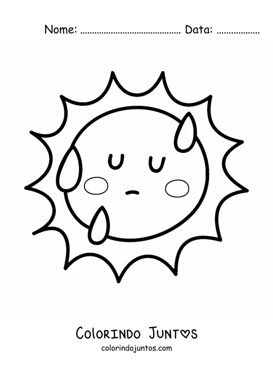 Desenho para colorir de Sol quente kawaii animado com gotas de suor