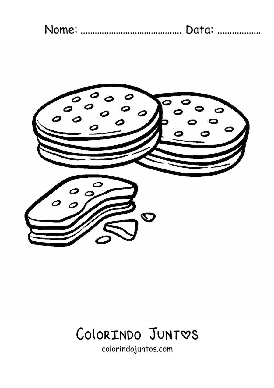 Desenho para colorir de dois biscoitos recheados e um pela metade