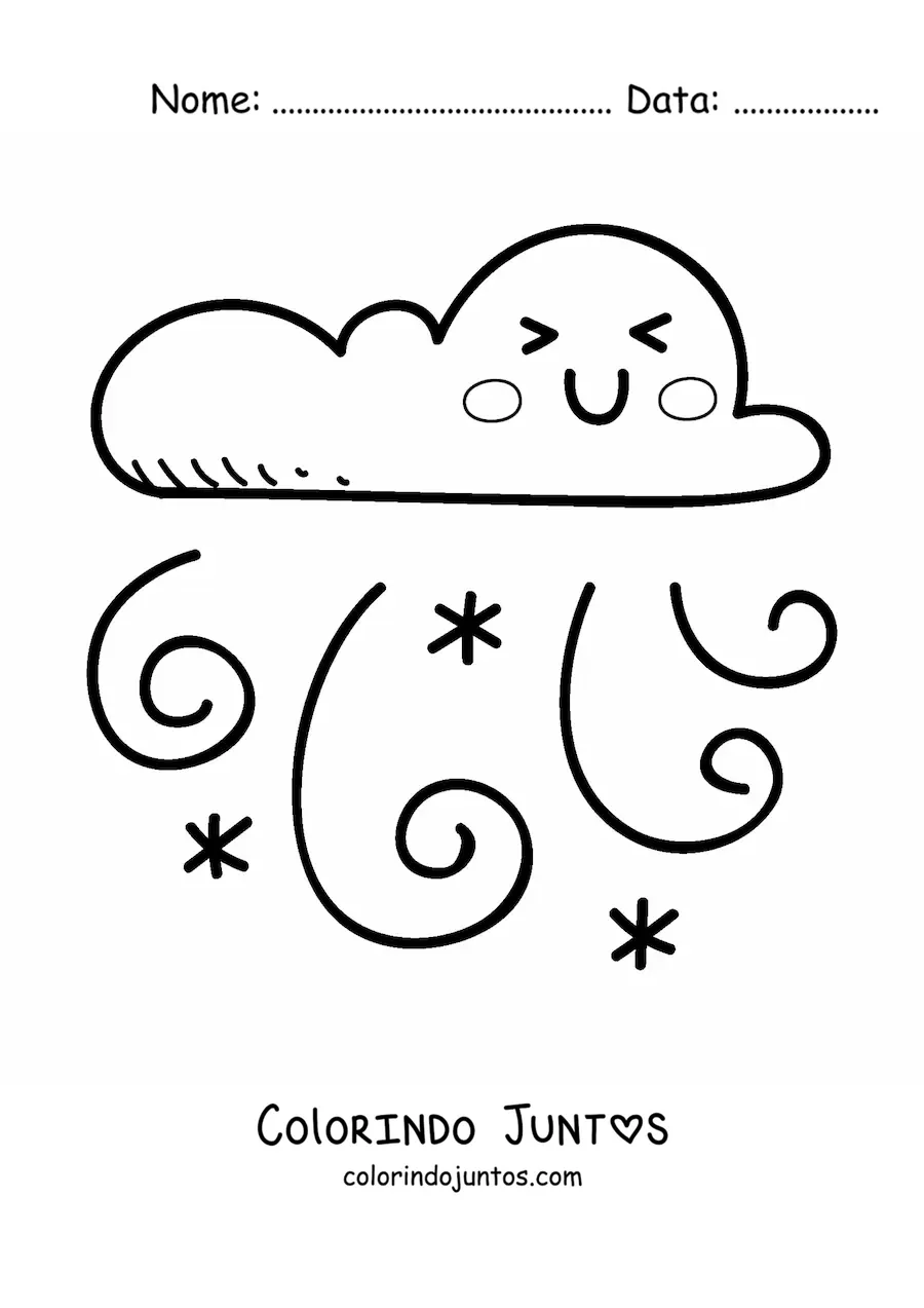 Desenho para colorir de nuvem kawaii animada com rajada de vento