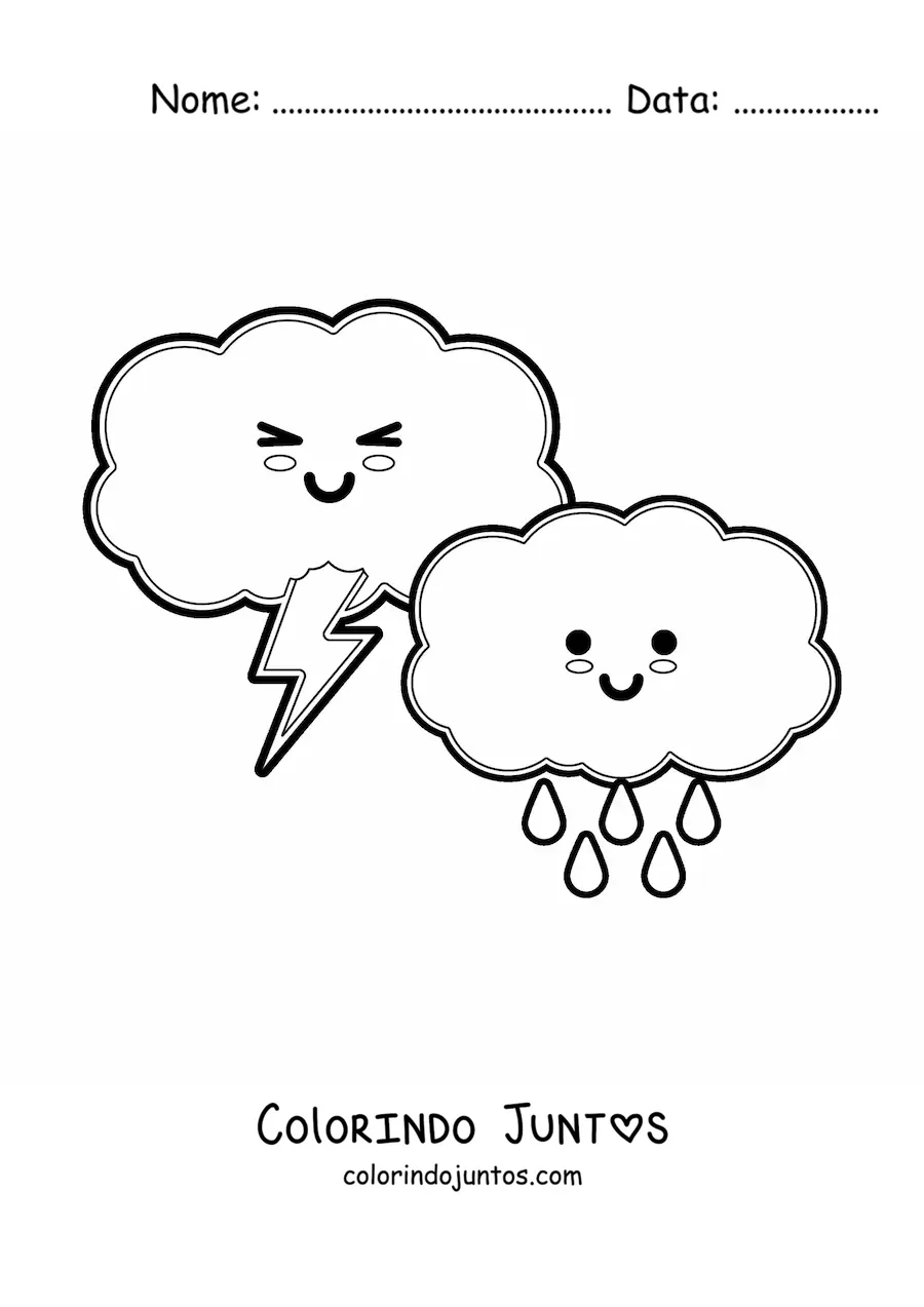Desenho para colorir de nuvens de chuva e tempestade kawaii animadas