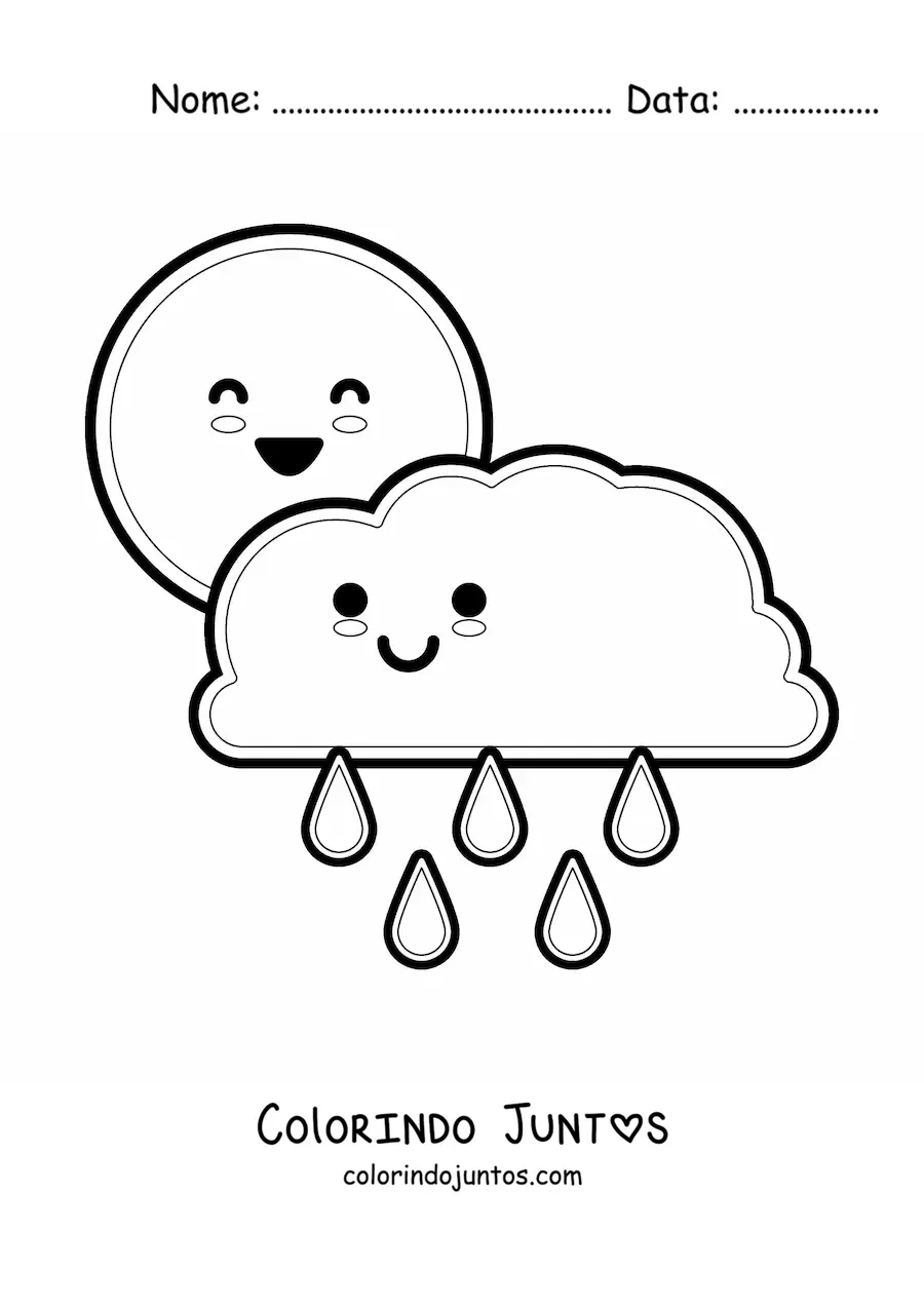 Desenho para colorir de nuvem de chuva kawaii animada e o Sol