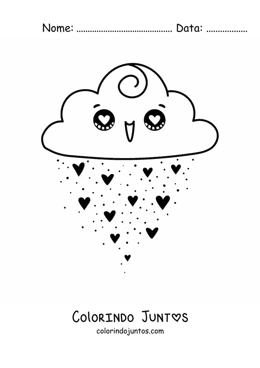 Desenho para colorir de nuvem kawaii com corações