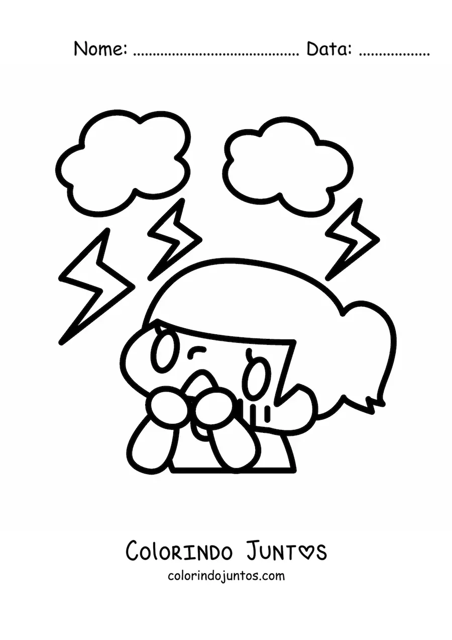 Desenho para colorir de menina assustada por uma tempestade