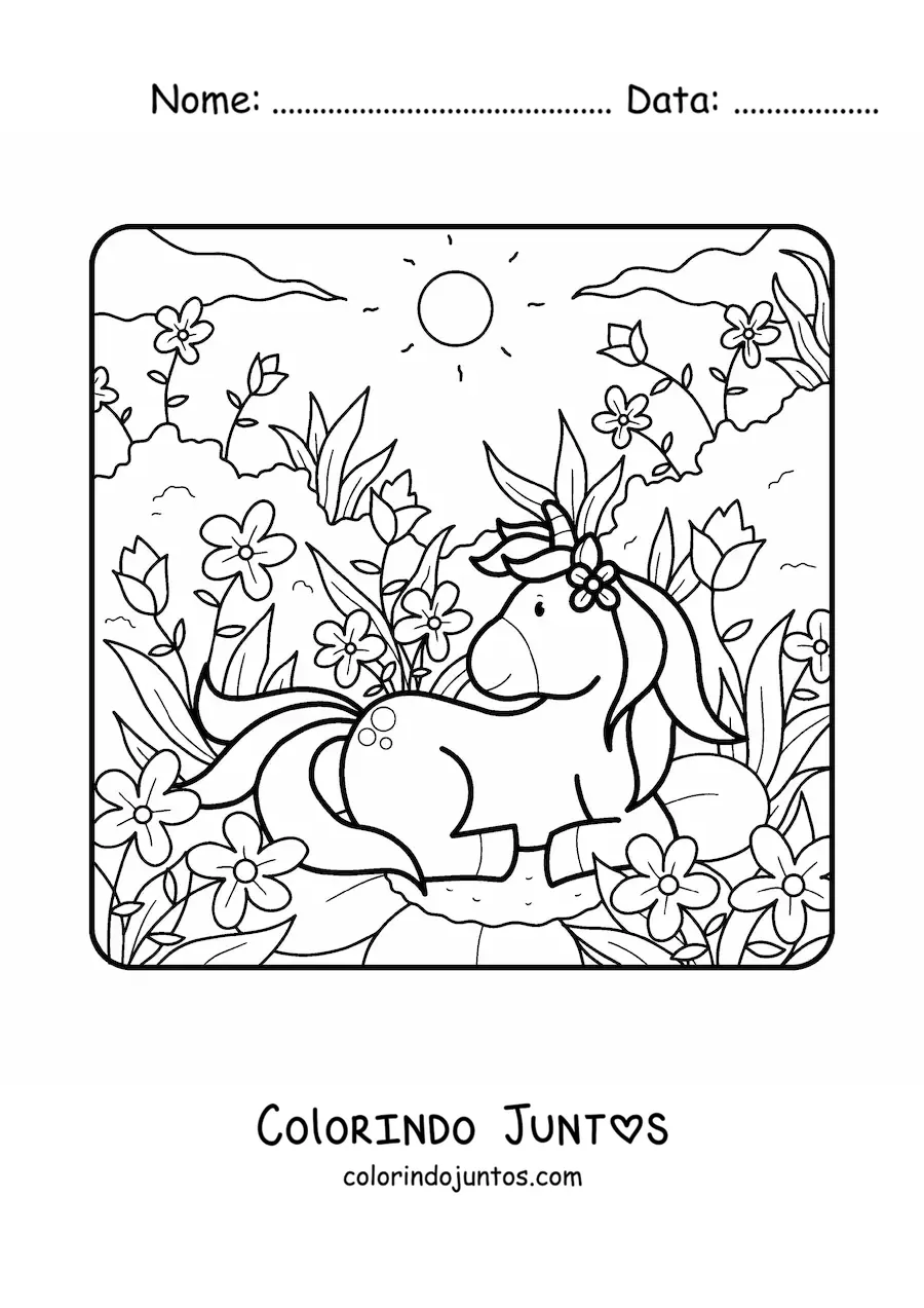 Desenho para colorir de unicórnio kawaii na primavera