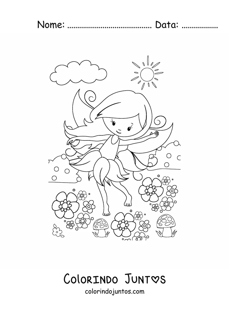 Desenho para colorir de fada kawaii na primavera