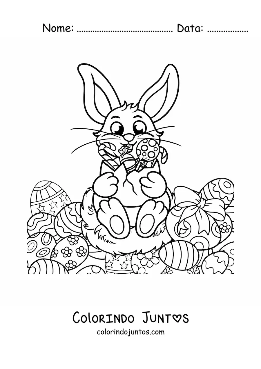 Desenho para colorir de coelho kawaii com ovos de Páscoa