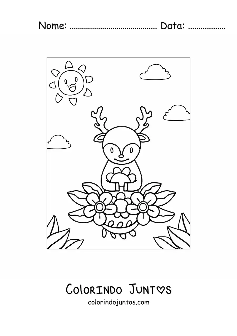 Desenho para colorir de cervo kawaii na primavera