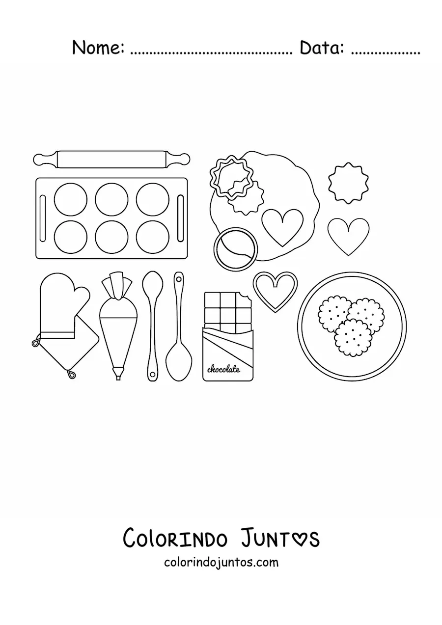 Desenho para colorir de formas e materiais para fazer e assar biscoitos