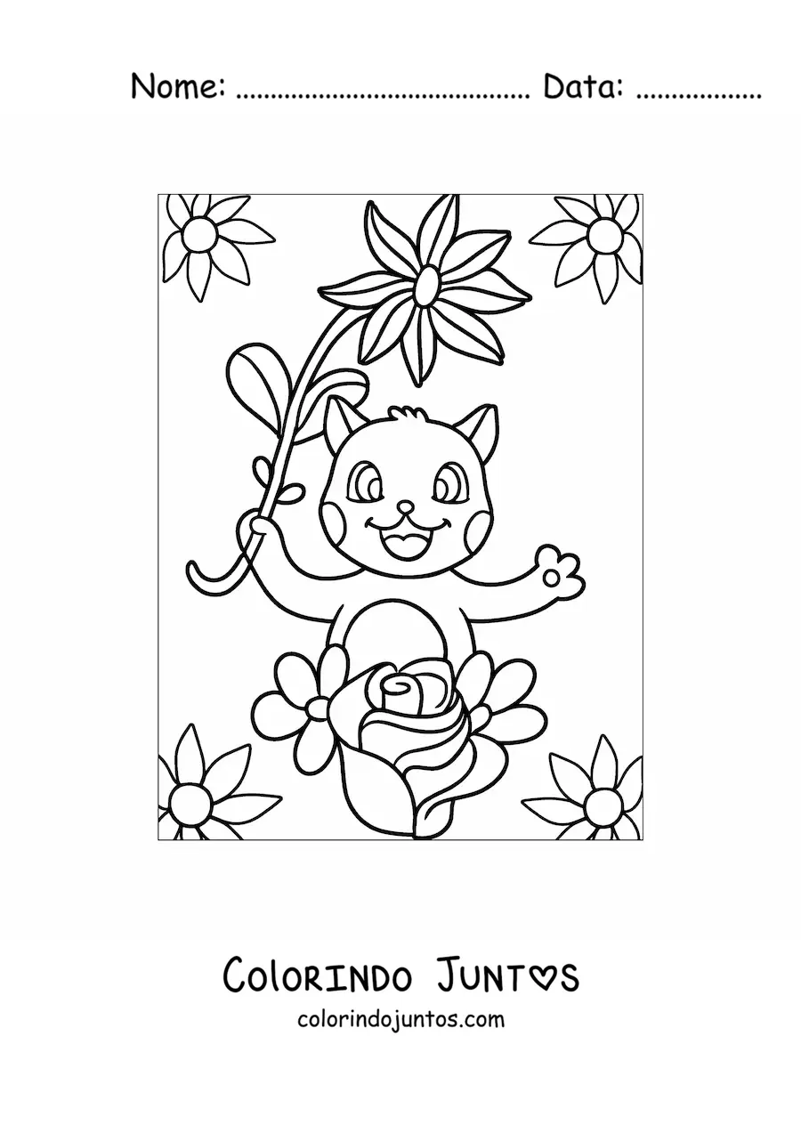 Desenho para colorir de gato animado kawaii com flores de primavera